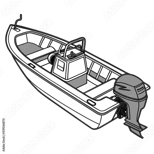 White and grey motorboat with black outlines outboard motor watercraft