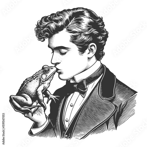 man in a tuxedo gently kissing a frog, evoking a fairy tale transformation scene sketch engraving generative ai fictional character vector illustration. Scratch board imitation. Black and white image.