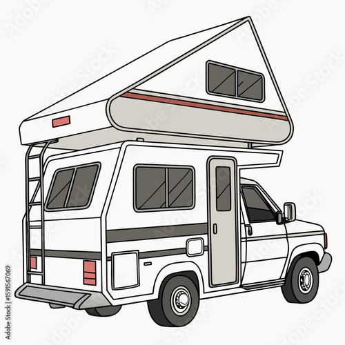 White camper truck with extended top and ladder recreational vehicle