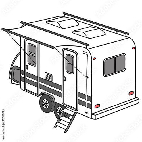 White camper trailer with extended awning and roof vents recreational vehicle travel trailer