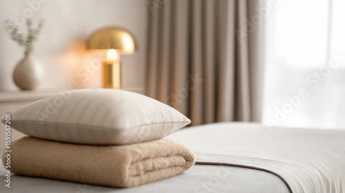 Soft pillow and beige towel bed with warm lamp light cozy bedroom