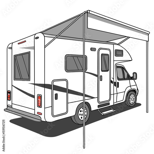 White camper vehicle with grey awning and support pole motorhome recreational vehicle