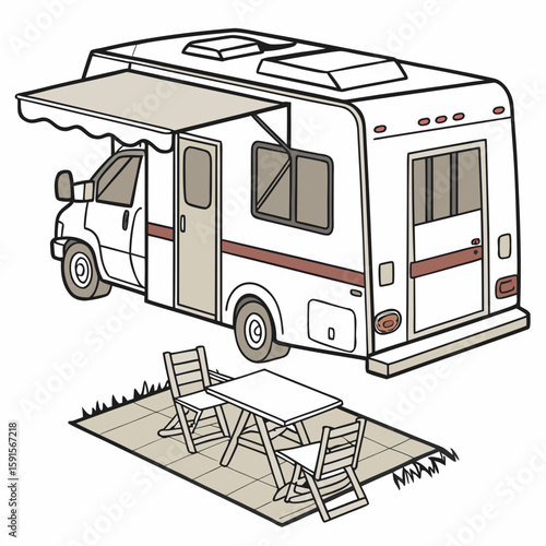 White camper with open awning and outdoor patio furniture motorhome