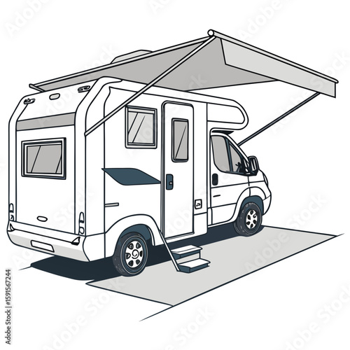 White campervan with extended grey awning and steps motorhome recreational vehicle