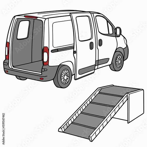 White cargo van with open doors and loading ramp vehicle transport