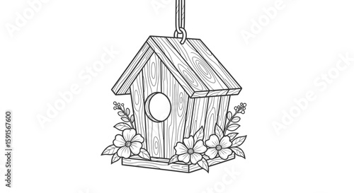 Rustic Birdhouse with Flowers Spring Relaxing Adult Coloring Page Design