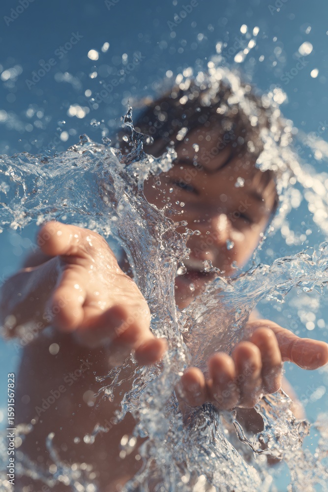 Obraz premium Cheerful boy splashing water, sunlight gleaming, capturing pure childhood joy and playful summer moment