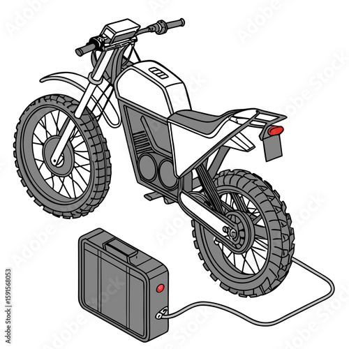 White electric motorcycle charging with gray charger battery off road