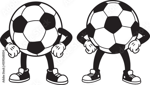 Two cartoon soccer balls with arms and legs silhouette