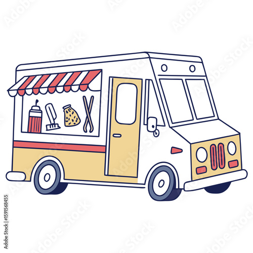 White food truck with red striped awning and yellow accents vector