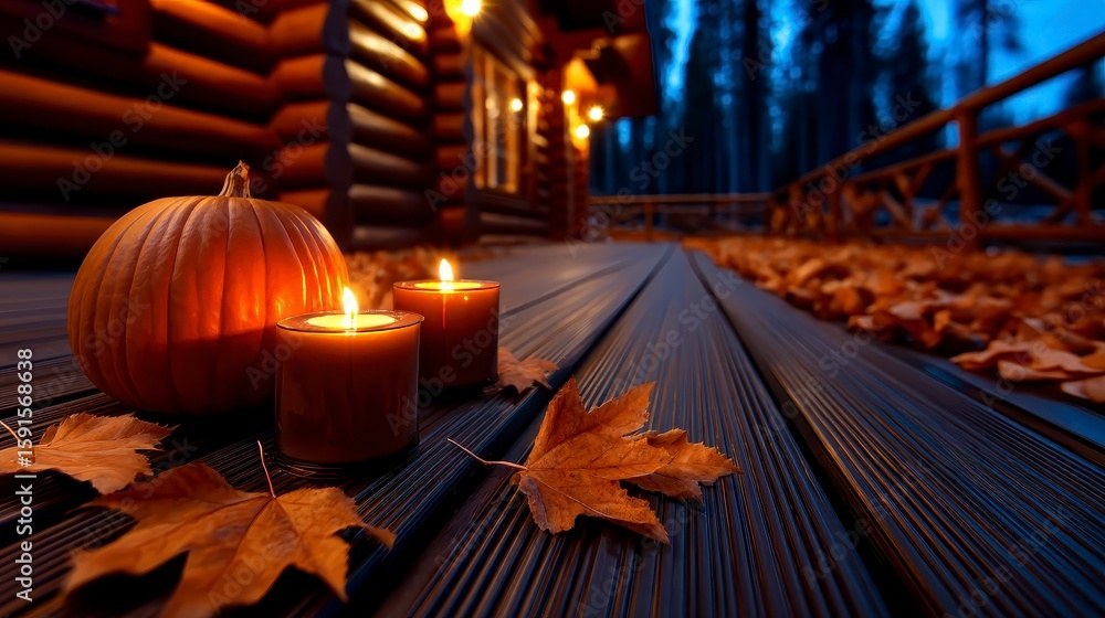 Obraz premium Background with halloween pumpkins candles and autumn leaves on the wooden house porch. Enchanting autumnal scene glowing illumination vibrant foliage and harvest gourds adorn a rustic