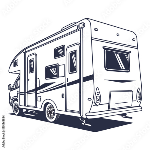 White motorhome with dark blue outlines and windows camper vehicle