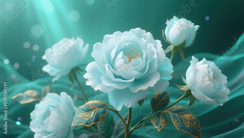 Fototapeta Naklejka Na Ścianę i Meble -  Luxury - Light Teal Peonies with Gold Outlines, for Neo - Chinese Decor, High - end Floral Design, Traditional - Style Cultural & Creative Material