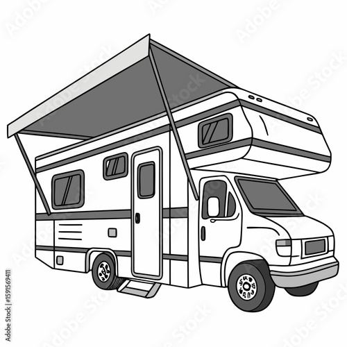 White recreational vehicle with extended grey awning motorhome camper