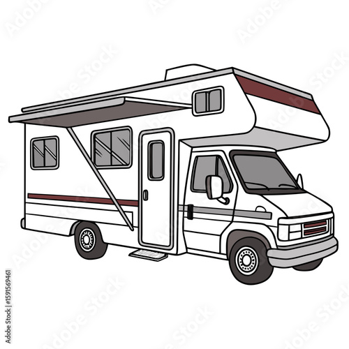 White recreational vehicle with maroon accents and extended awning motorhome camper