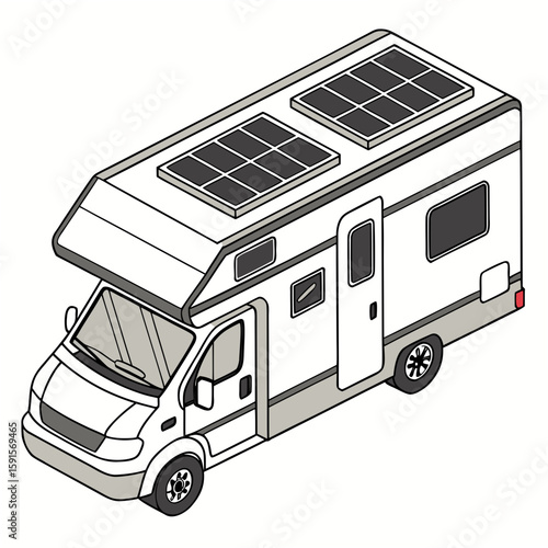 White recreational vehicle with solar panels camper motorhome