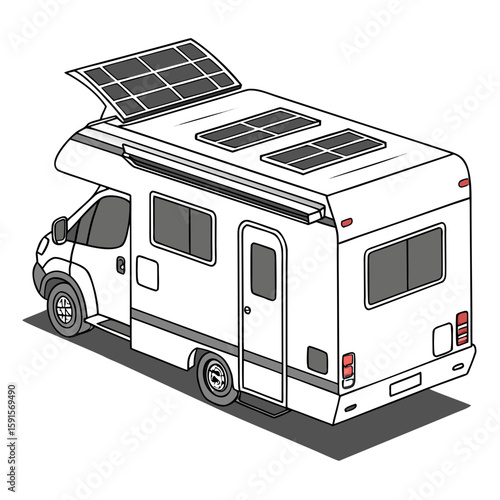 White recreational vehicle with solar panels camper motorhome