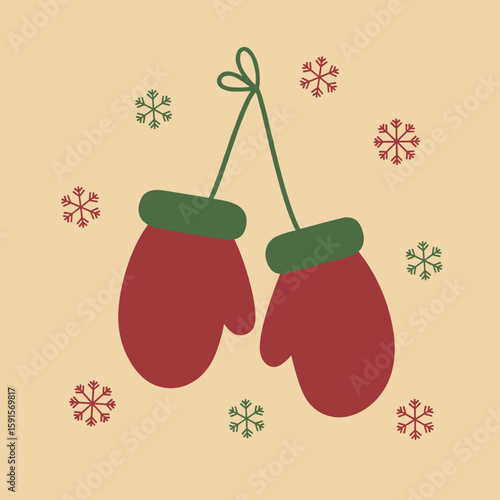 Red winter mittens hanging above snowflakes on beige background  