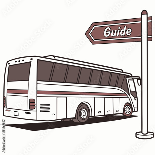 White tour bus maroon accents guide sign transportation vehicle