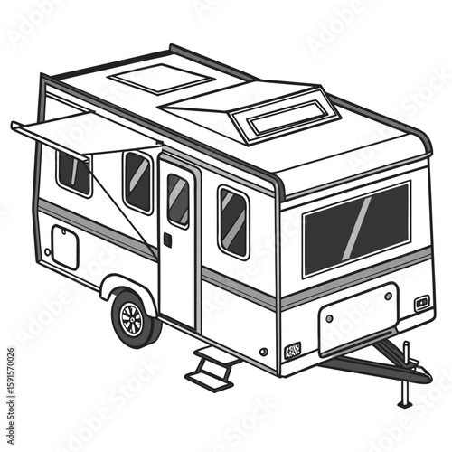 White travel trailer with extended awning and skylights recreational vehicle camping