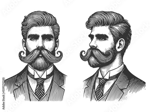 two views of a Victorian-era man with a styled curled mustache, formal suit, and slicked hair sketch engraving generative ai fictional character vector illustration. Scratch board. Black and white.