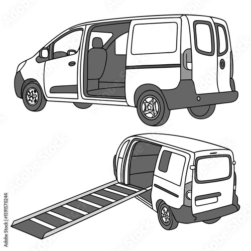 White van with open doors and extended ramp cargo van sliding doors