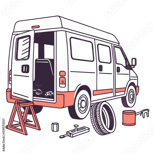White van open rear door tire change equipment vector