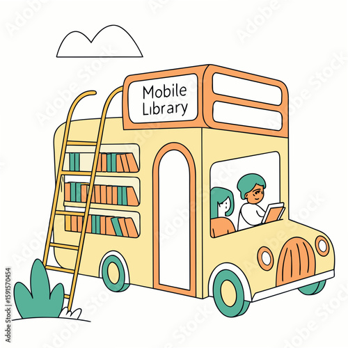 Yellow double decker bus mobile library with people reading books