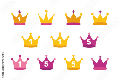 Collection of cartoon crowns with numbers one and five isolated on white background