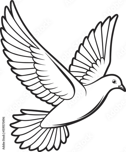 Black and white line art illustration of a dove in flight with wings spread bird flying