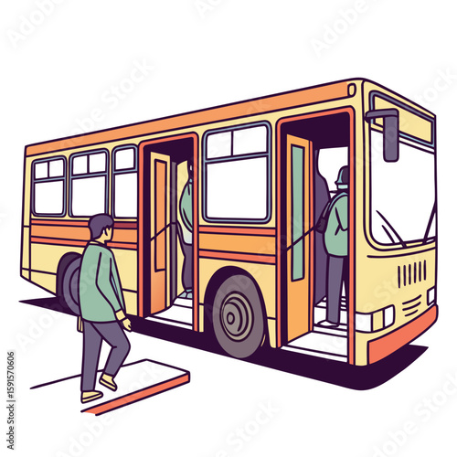 Yellow orange bus with passengers boarding transportation public transport