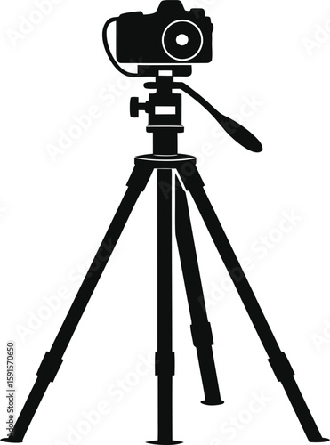 Black silhouette of a D S L R camera mounted on a tripod photography equipment