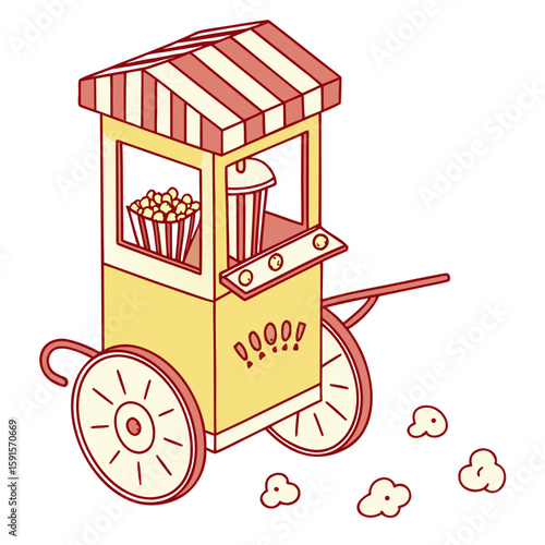 Yellow popcorn cart with red striped awning food cart snack cart