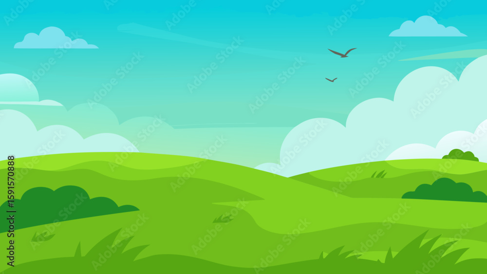 Obraz premium Stylized green rolling hills under a bright blue sky with fluffy clouds and birds flying isolated on white background