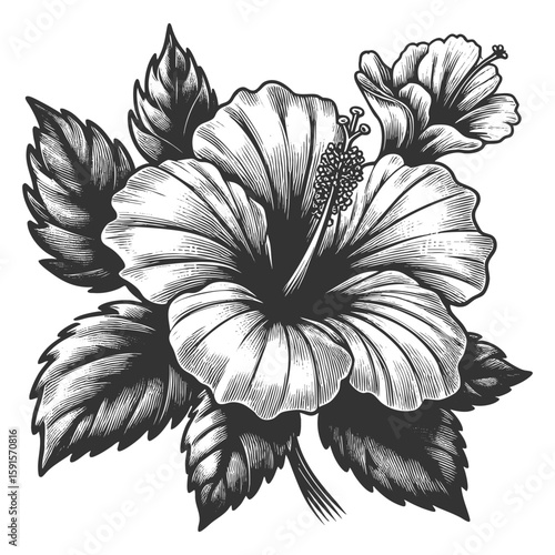 hibiscus flowers and leaves sketch engraving generative ai fictional character vector illustration. Scratch board imitation. Black and white image.