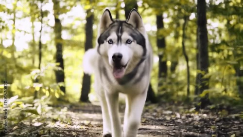 Husky dog walks in forest