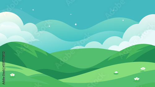 Stylized green rolling hills with clouds and flowers isolated on white background