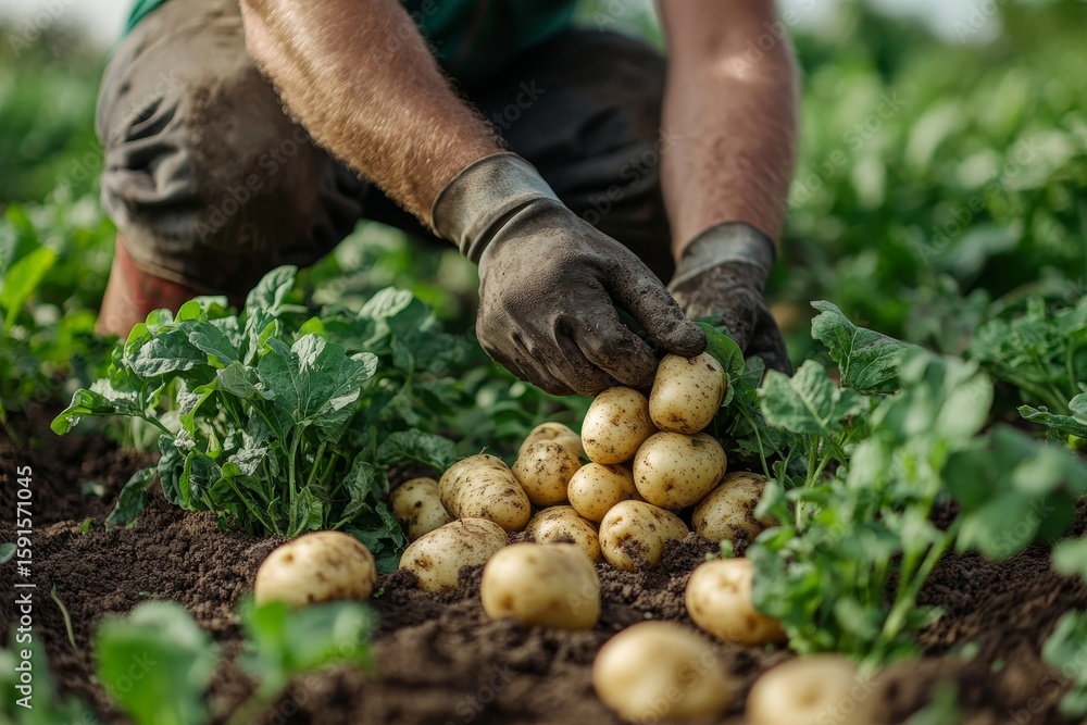 Fototapeta premium Farmer family harvesting potatoes in a summer garden, emphasizing agricultural work and the connection to homegrown food, Generative AI