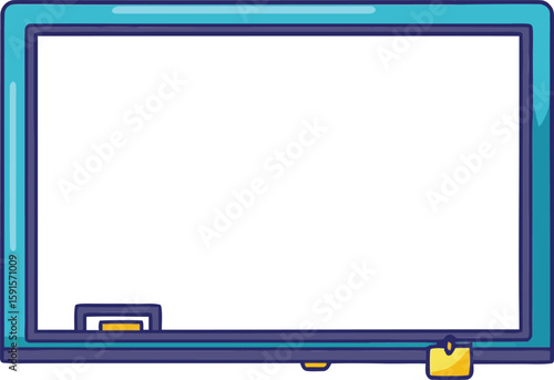 Cartoonish blue and purple whiteboard with yellow eraser and marker holder blank empty
