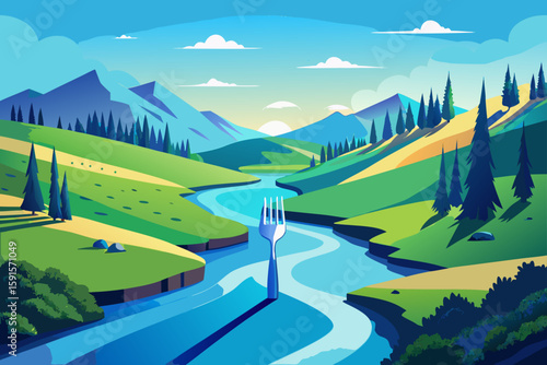 A surreal illustration of a large fork standing in a winding river amidst a vibrant mountain landscape isolated on white background