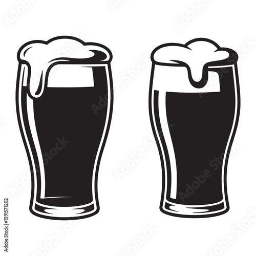 Two glasses of dark beer with frothy heads drink beverage