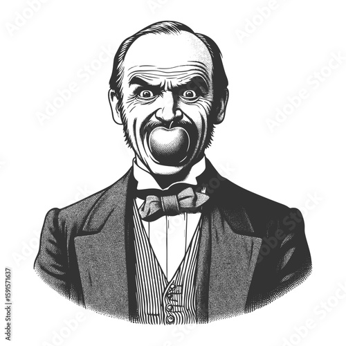 gentleman in formal suit and bow tie, humorously depicted with a large apple in his mouth sketch engraving generative ai fictional character vector illustration. Scratch board. Black and white image.