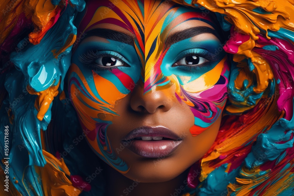 Fototapeta premium African woman with artistic colorful face paint featuring turquoise, orange, and magenta swirling patterns