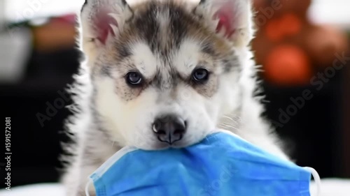 Husky puppy holding a blue mask