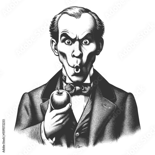 Victorian-era man with a shocked expression, holding an apple in hand sketch engraving generative ai fictional character vector illustration. Scratch board imitation. Black and white image.