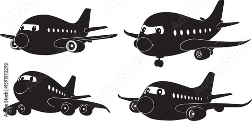 Four cartoon airplanes in silhouette with happy faces