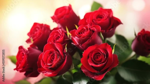 Wallpaper Mural Red rose flower bouquet with green leaf background, romantic floral arrangement featuring fresh blossom, vibrant petal colors, soft light bokeh effect, elegant bouquet perfect for decoration Torontodigital.ca