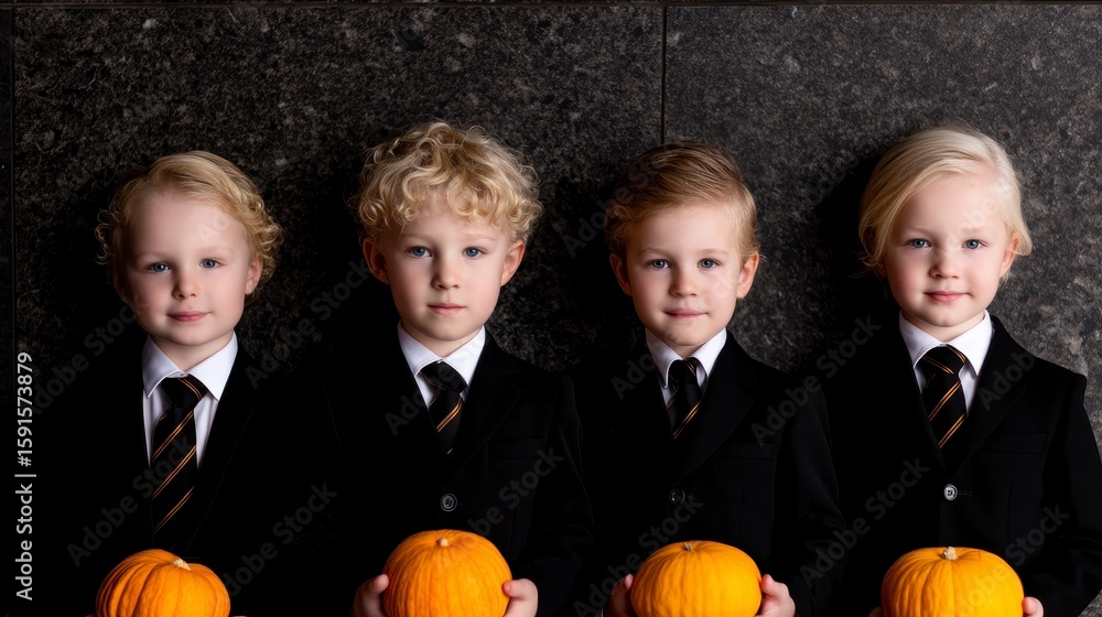 Fototapeta premium happy Halloween a group of children in suits and with pumpkins in home. Adorable youngsters dressed formally celebrate autumn festival inside residence with decorative gourds.