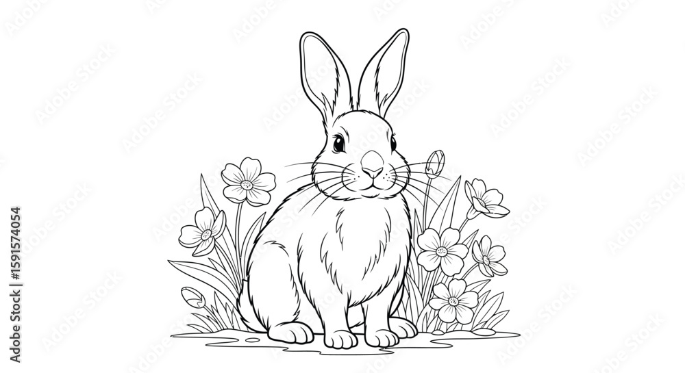 Fototapeta premium Rabbit with Spring Flowers Adult Coloring Page Charming Nature Scene Design