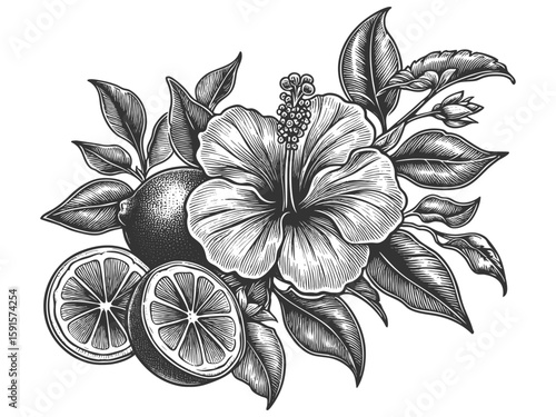 hibiscus flowers and leaves sketch engraving generative ai fictional character vector illustration. Scratch board imitation. Black and white image.